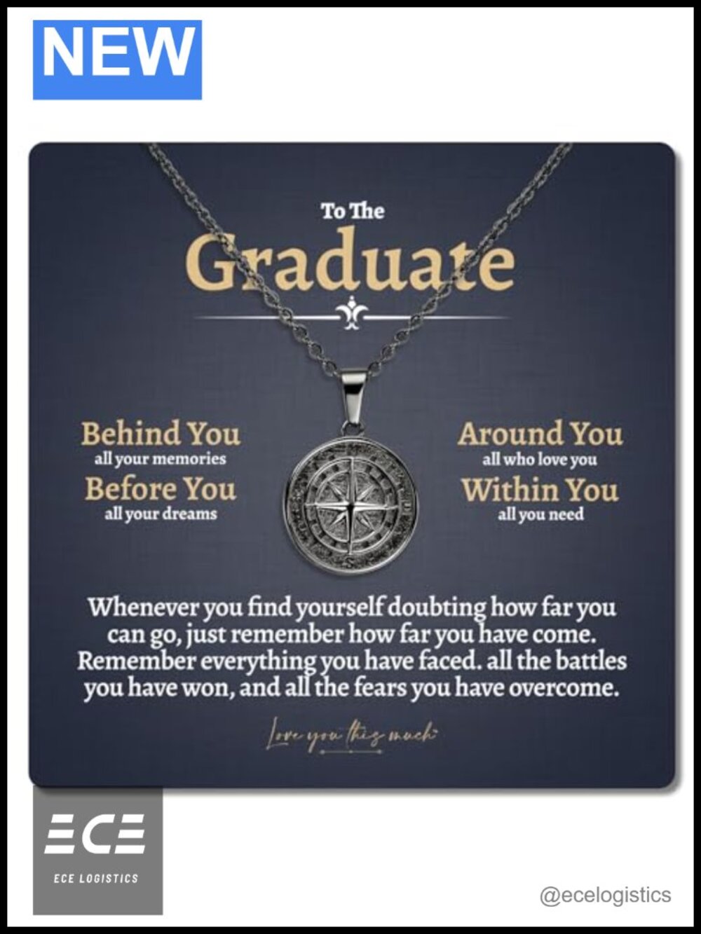 Mens Graduation Compass Necklace 22in Stainless Steel Gift Him